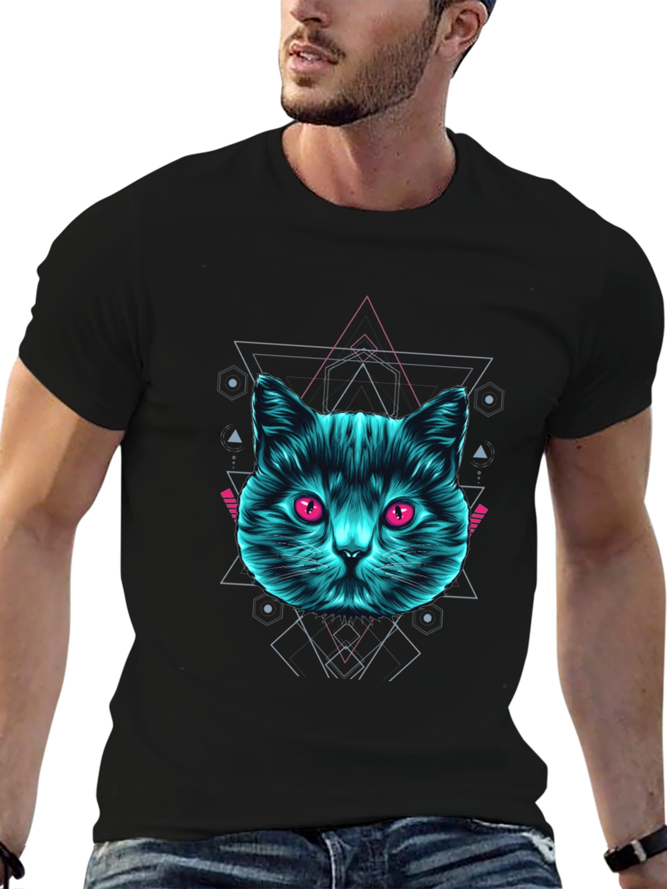 Geometric Cat Graphic Tee - Trendy Black T-Shirt
