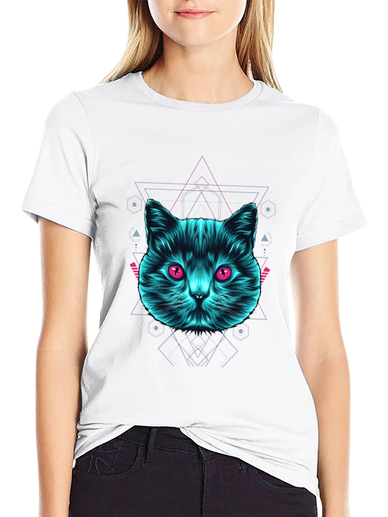 Geometric Cat Graphic Tee - Trendy Black T-Shirt