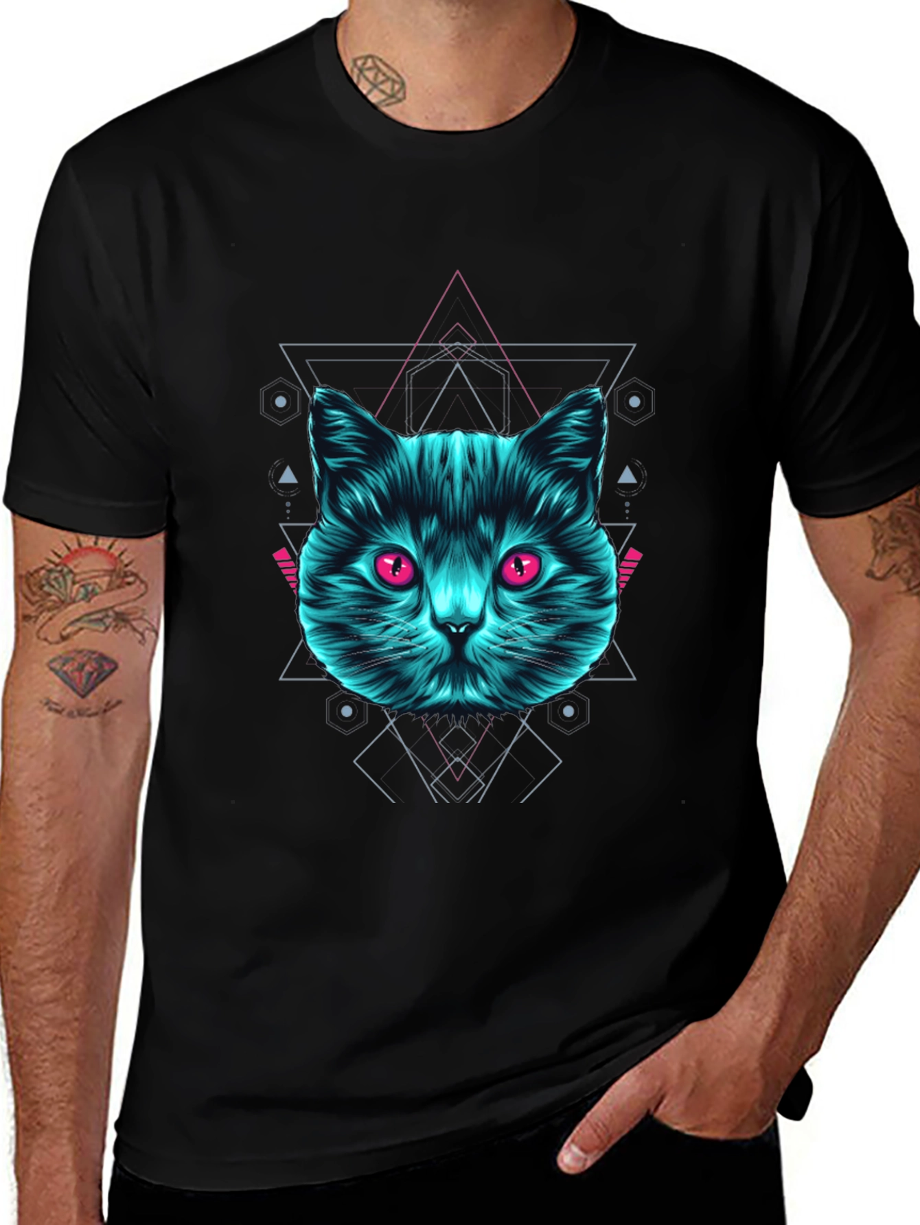 Geometric Cat Graphic Tee - Trendy Black T-Shirt