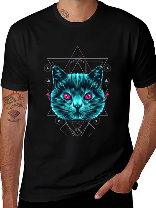 Geometric Cat Graphic Tee - Trendy Black T-Shirt