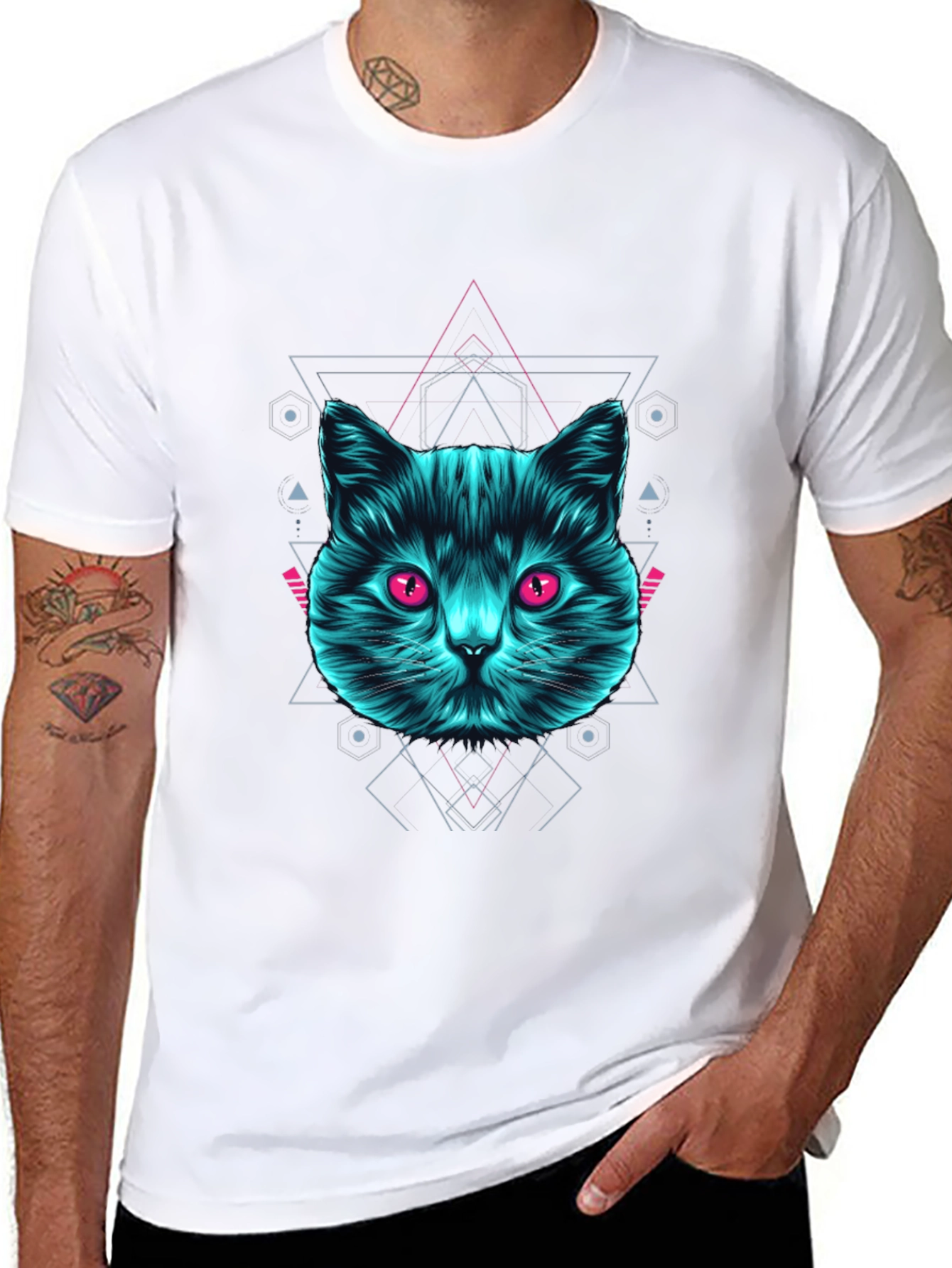 Geometric Cat Graphic Tee - Trendy Black T-Shirt