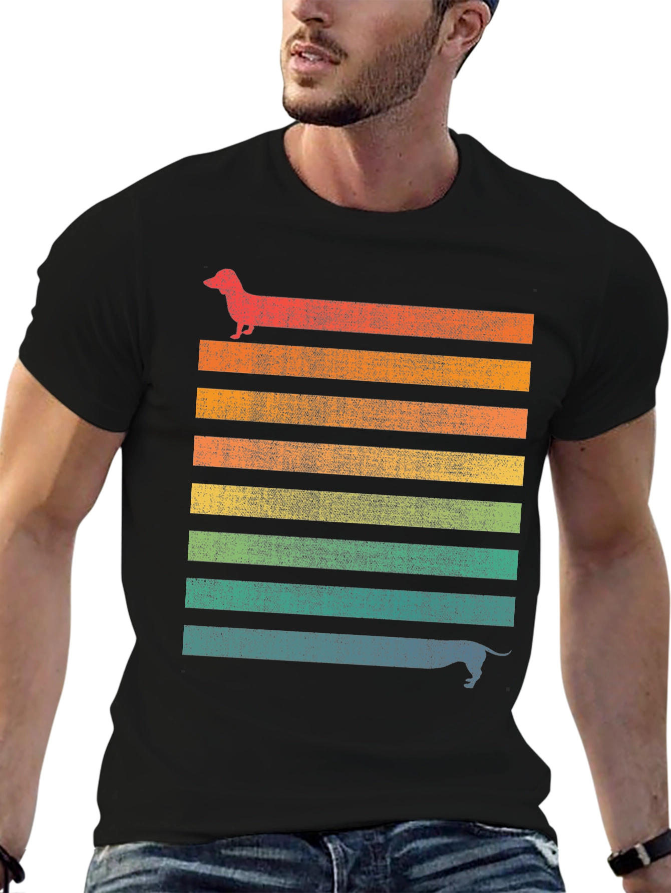 Retro Dachshund Striped Graphic T-Shirt
