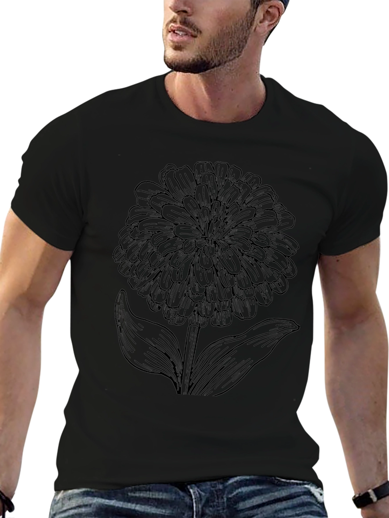 Mens Black T-Shirt with Floral Graphic
