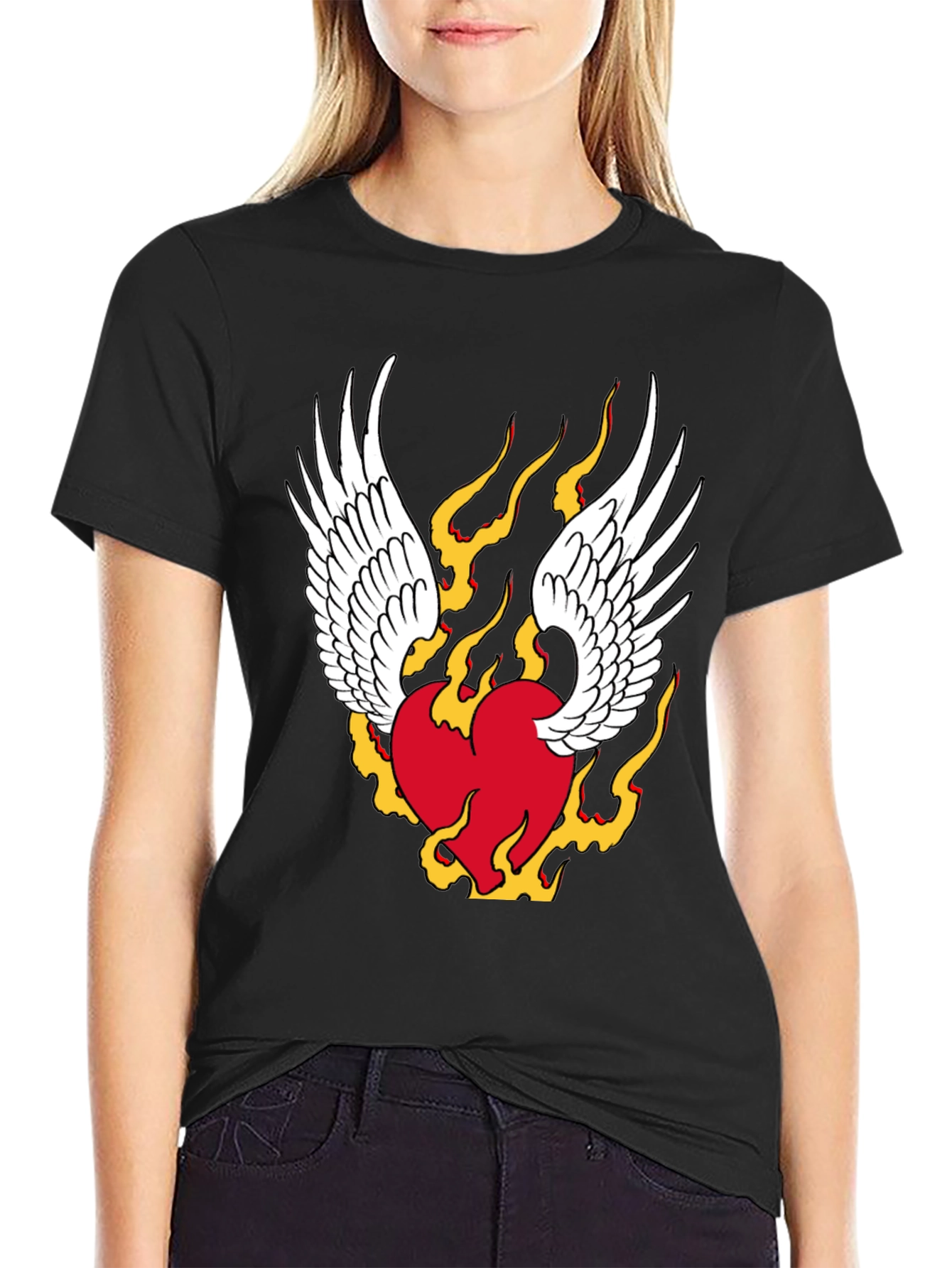 Winged Flaming Heart Graphic Tee - Stylish Black Shirt