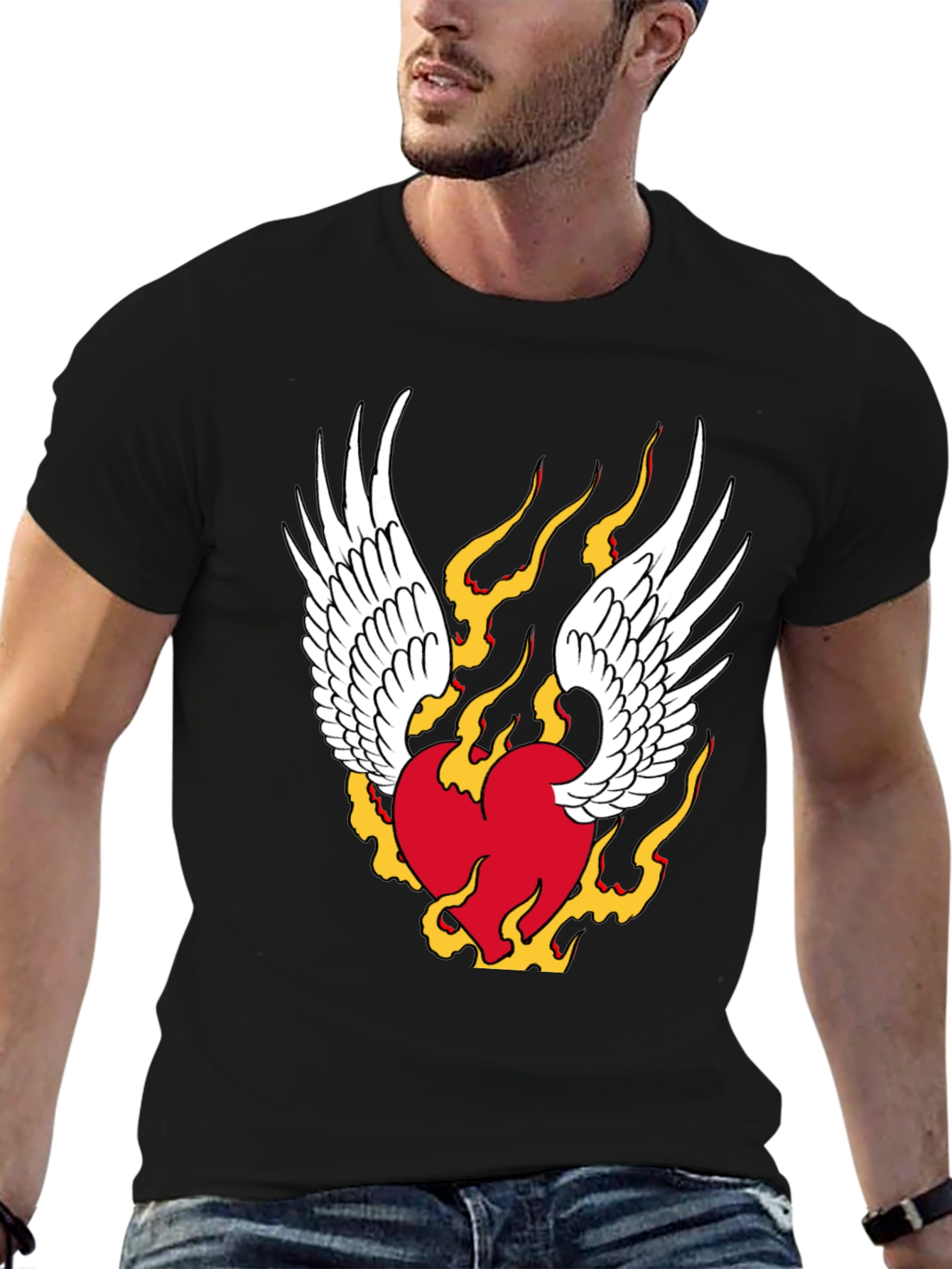 Winged Flaming Heart Graphic Tee - Stylish Black Shirt