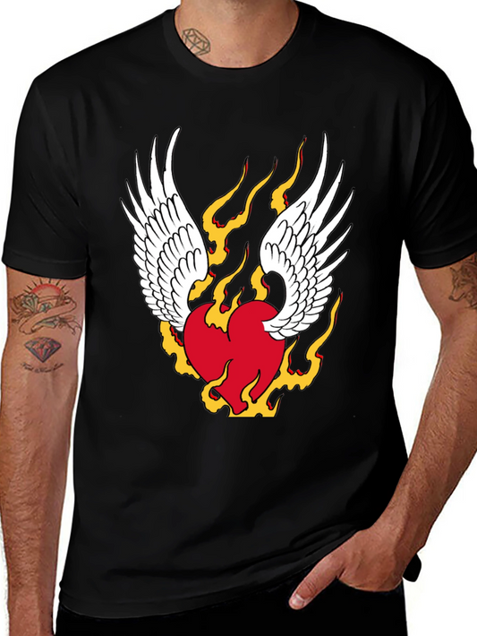 Winged Flaming Heart Graphic Tee - Stylish Black Shirt