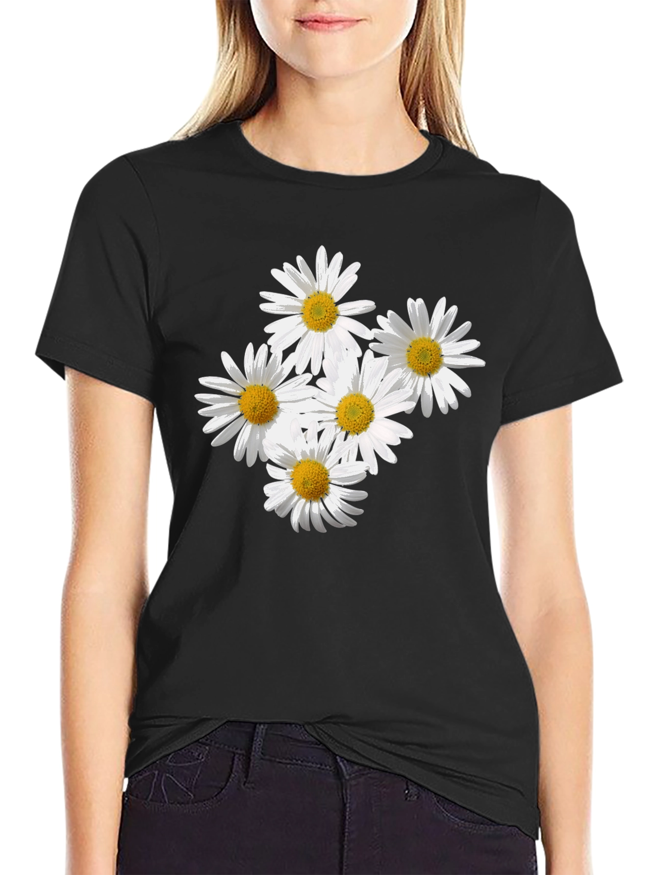 Daisy Flower Graphic Black T-Shirt