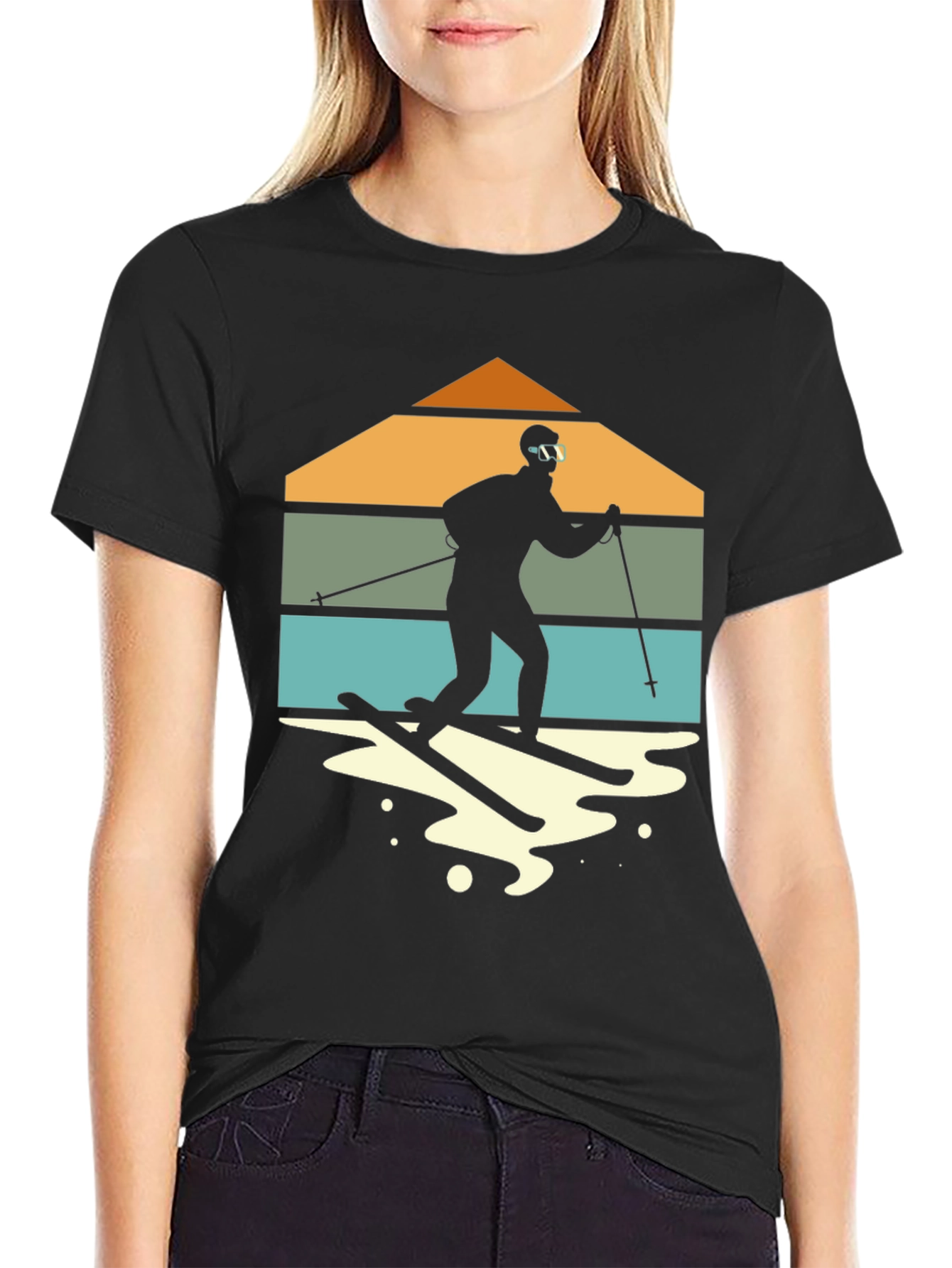 Retro Skiing T-Shirt - Mountain Silhouette Design
