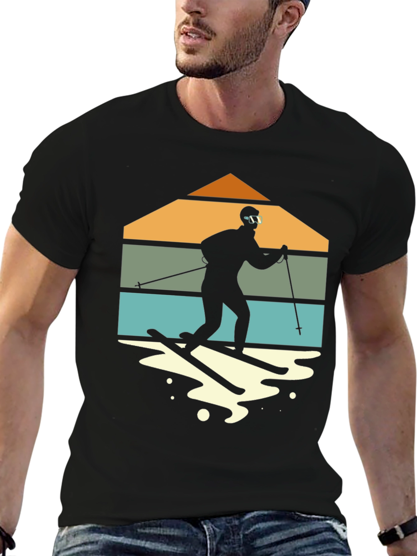 Retro Skiing T-Shirt - Mountain Silhouette Design