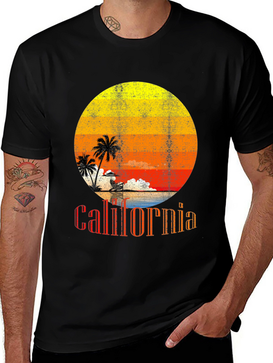 California Sunset Graphic Tee - Retro Palm Tree Design