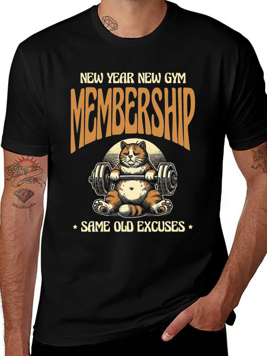 Funny Gym Cat Black T-Shirt - New Year Same Excuses