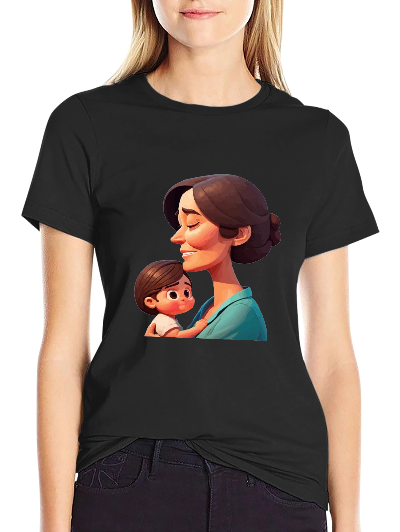 Stylish Black T-Shirt - Mother and Child Graphic