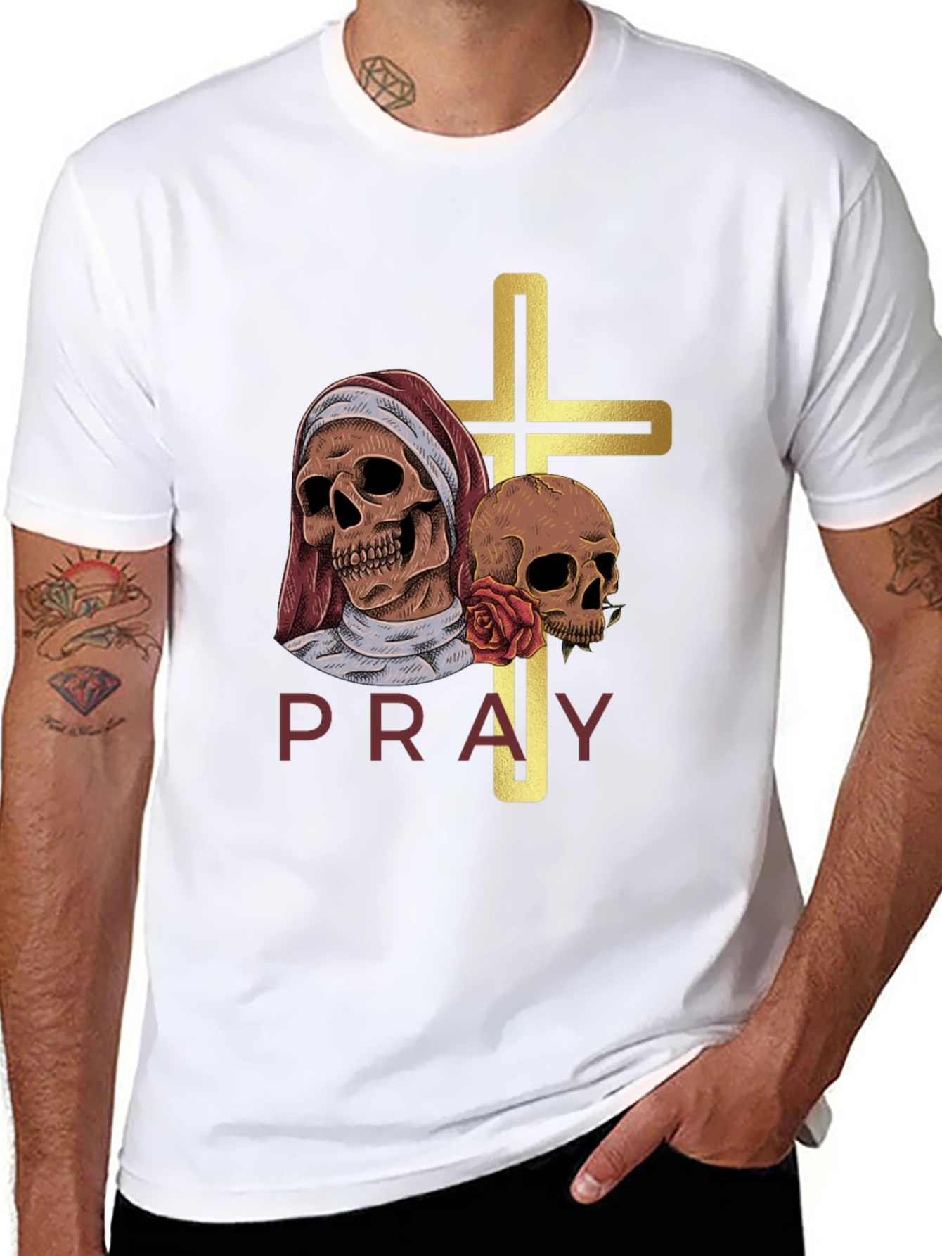Pray T-Shirt - Skull Cross Graphic Tee