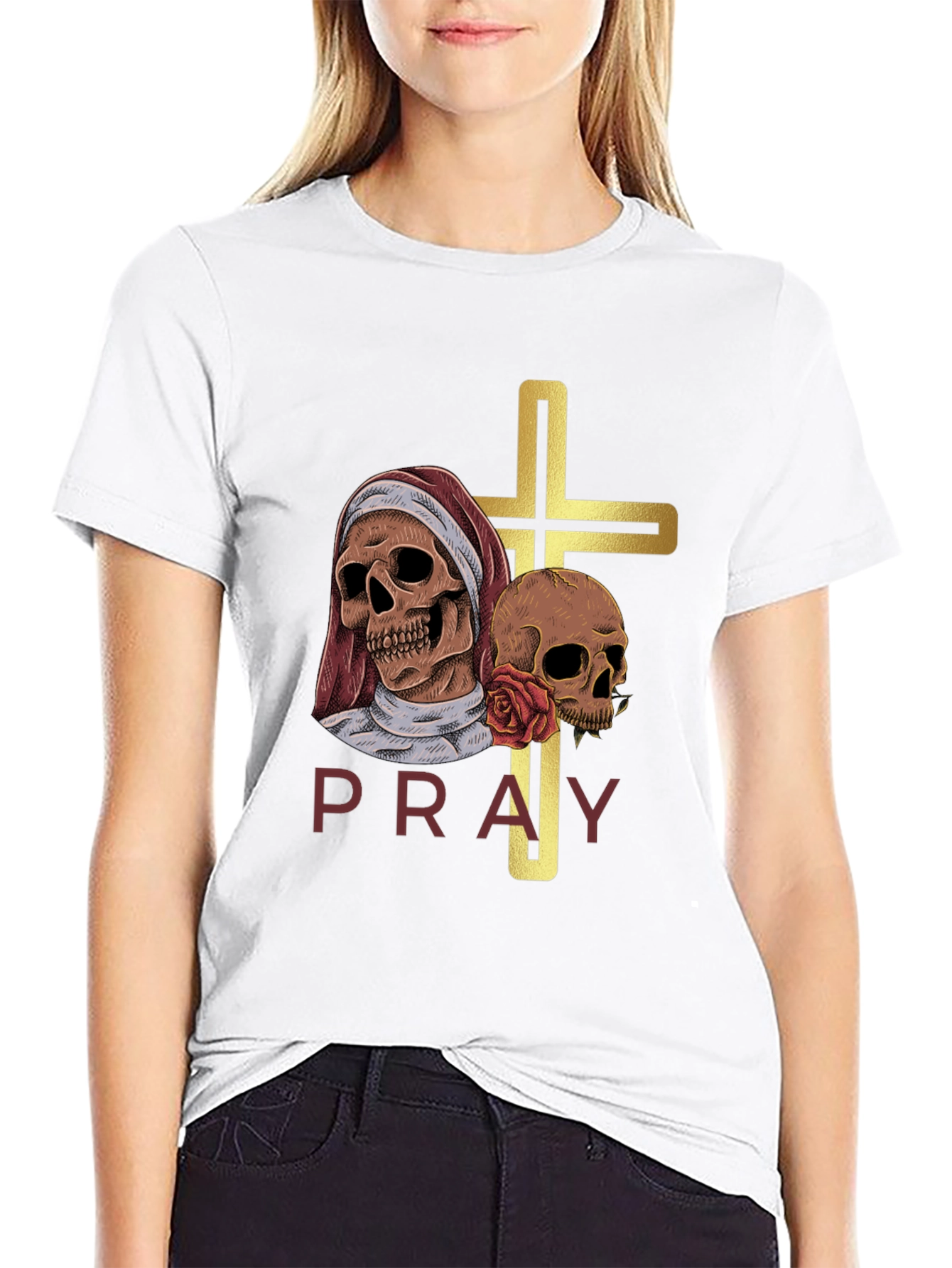 Pray T-Shirt - Skull Cross Graphic Tee