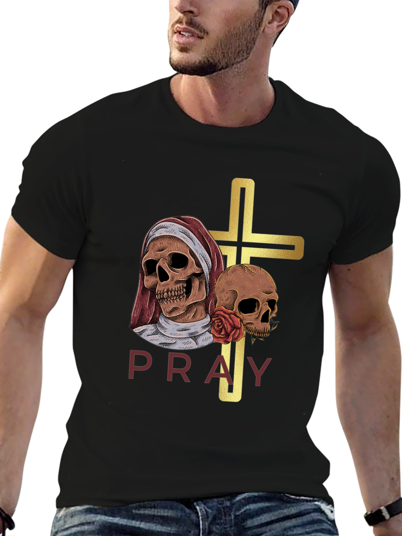 Pray T-Shirt - Skull Cross Graphic Tee