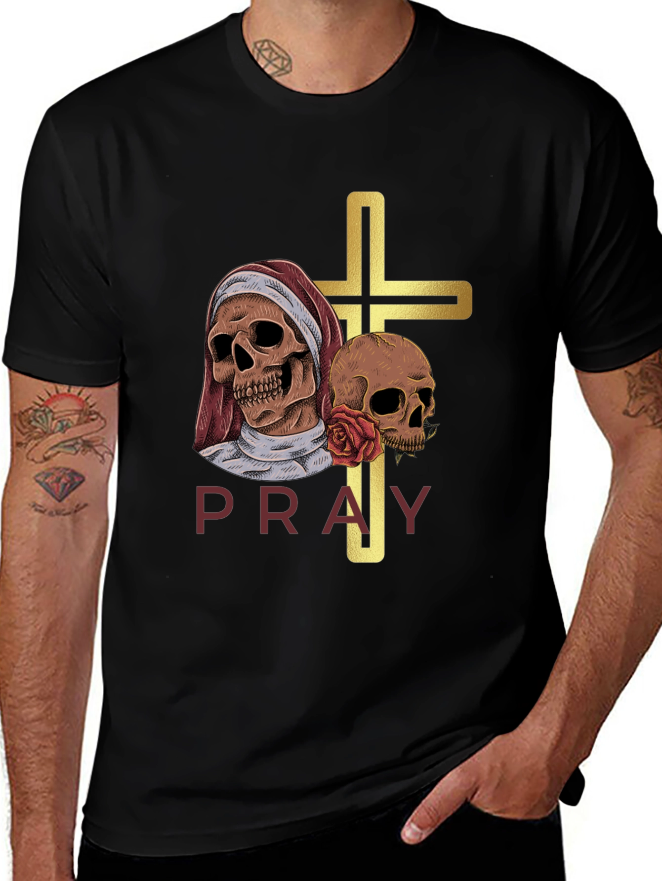 Pray T-Shirt - Skull Cross Graphic Tee