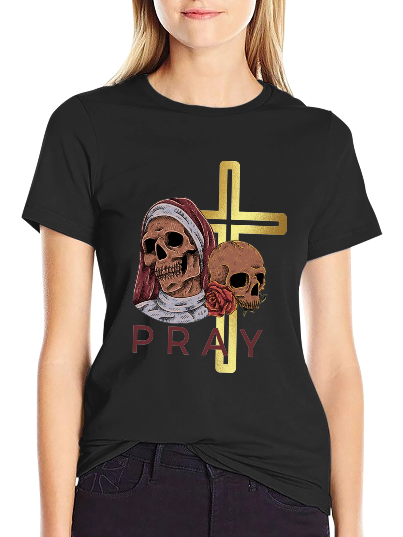 Pray T-Shirt - Skull Cross Graphic Tee